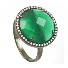 Green onyx round sterling silver pave setting cz ring